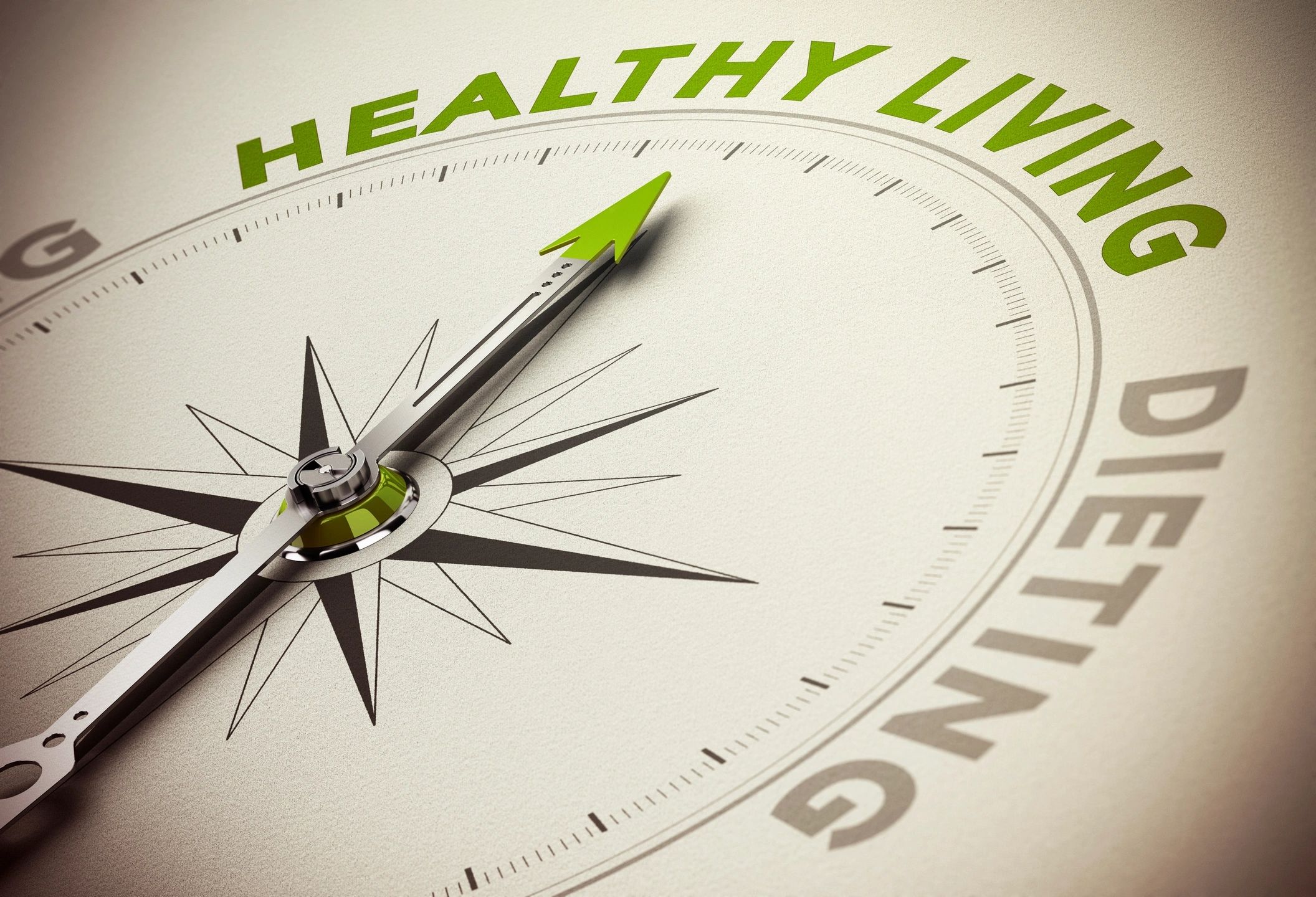 Green and white clock with minute hand pointing to green "Healthy Living" lettering